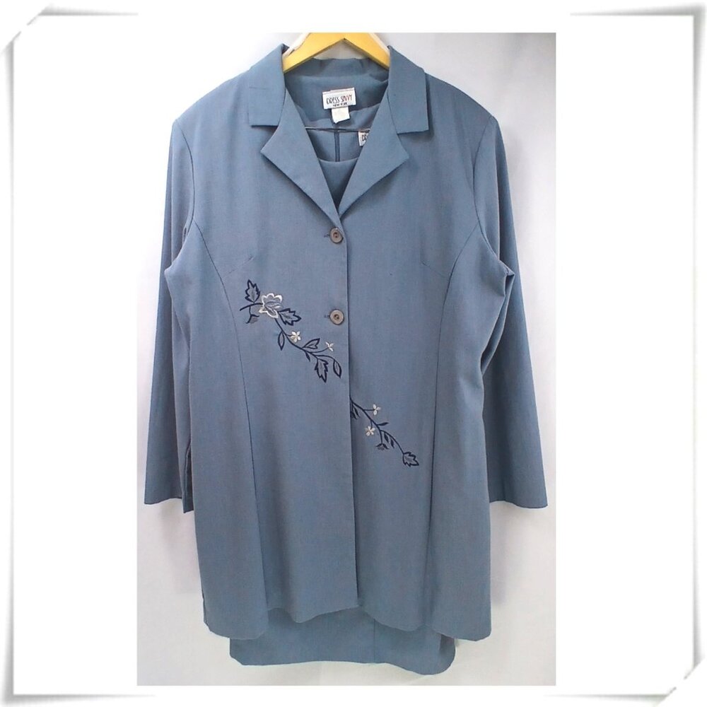 Dress Savvy Vintage Blue Grey Midi Dress and Long Blazer Set with Embroidery
